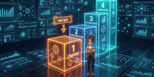 Gradini della maturità dei processi aziendali: capire, standardizzare, ottimizzare, innovare, con il primo stadio evidenziato